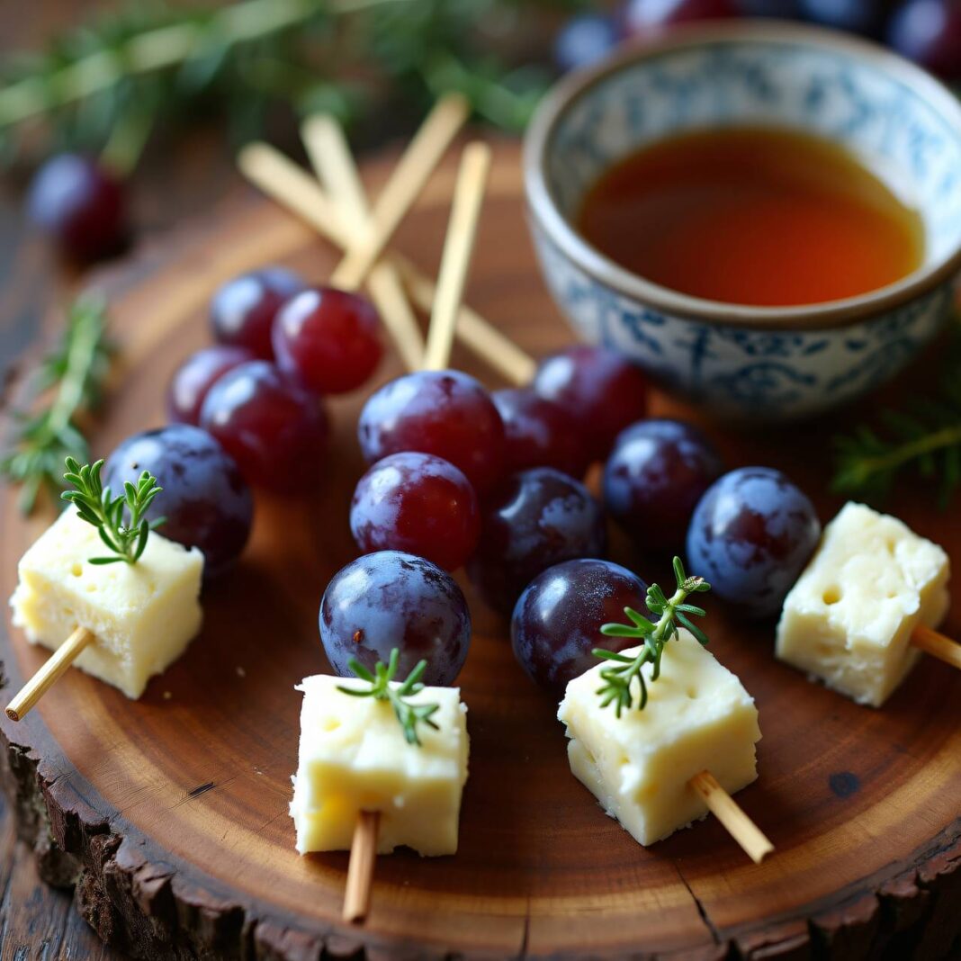 Trauben-Käse-Spiessli mit Thymiansirup Rezept Trauben-Käse-Spiessli mit Thymiansirup Rezept