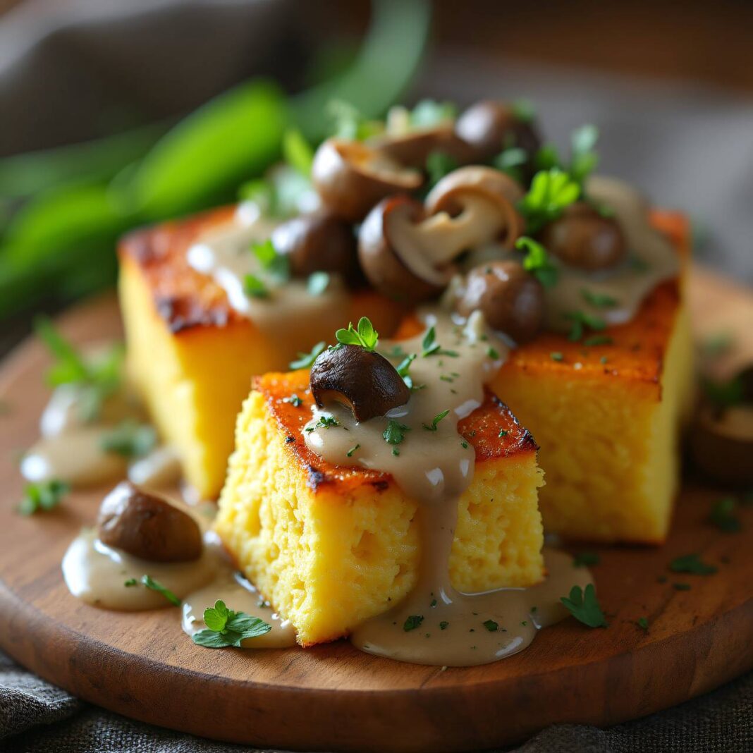 Überbackene Bärlauch-Polenta-Würfel mit Pilz-Oberssauce Rezept Überbackene Bärlauch-Polenta-Würfel mit Pilz-Oberssauce Rezept