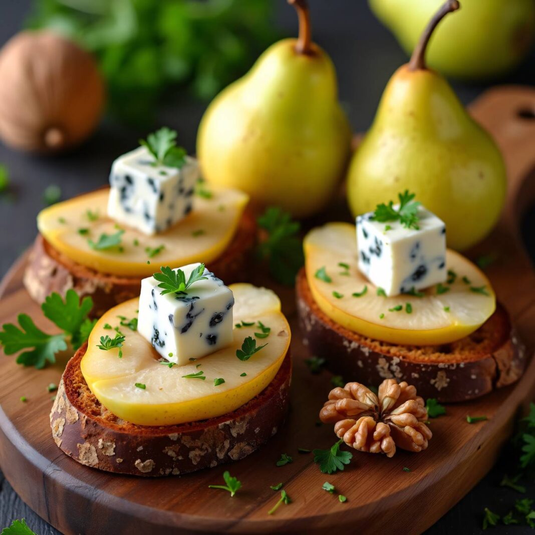 Überbackene Birnen-Blauschimmelkäse-Canapés Rezept Überbackene Birnen-Blauschimmelkäse-Canapés Rezept