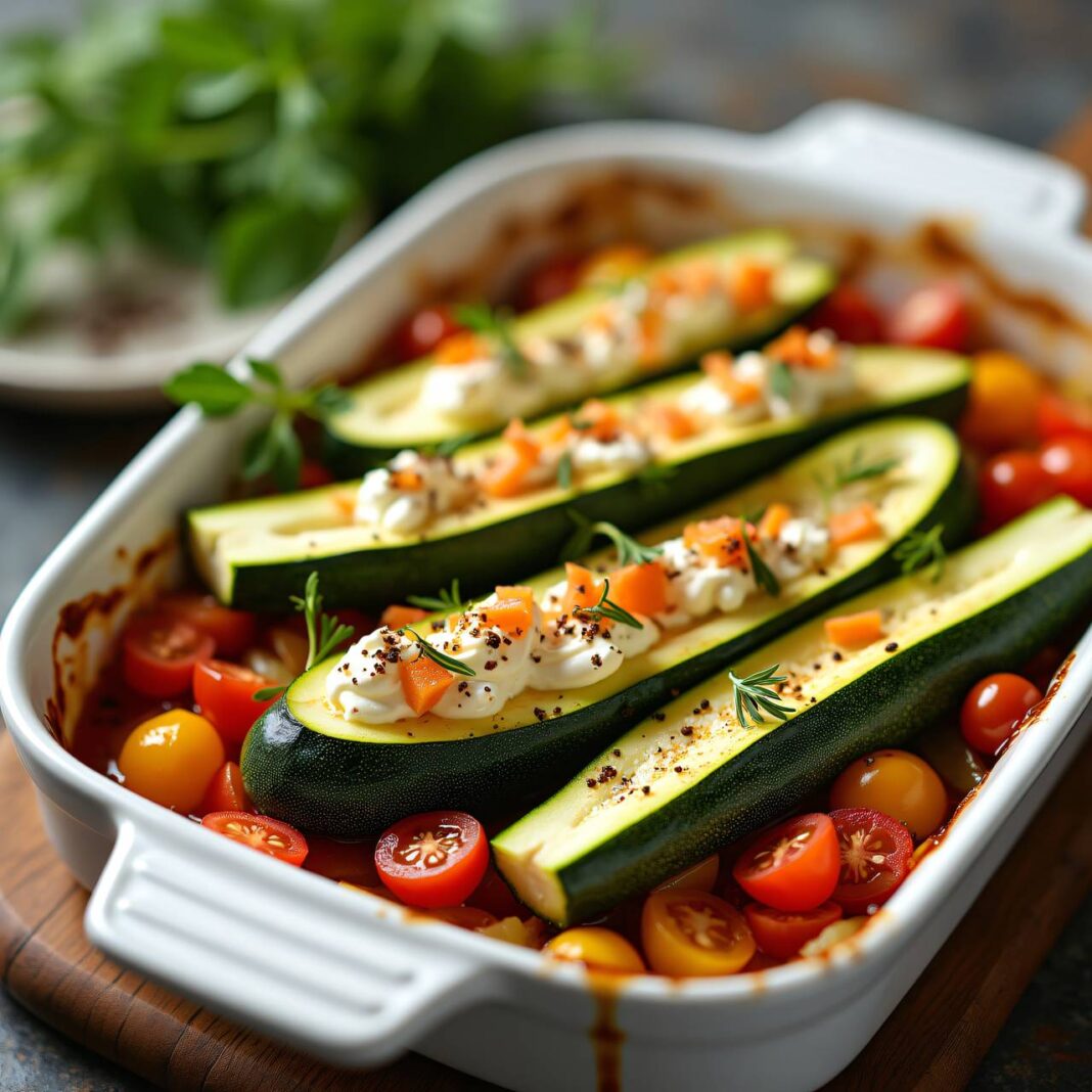 Vegetarisch gefüllte Zucchini mit Frischkäse Rezept Vegetarisch gefüllte Zucchini mit Frischkäse Rezept