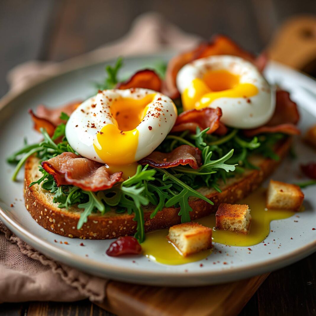 Verlorene Eier mit Speck auf Salat und Toast Rezept Verlorene Eier mit Speck auf Salat und Toast Rezept