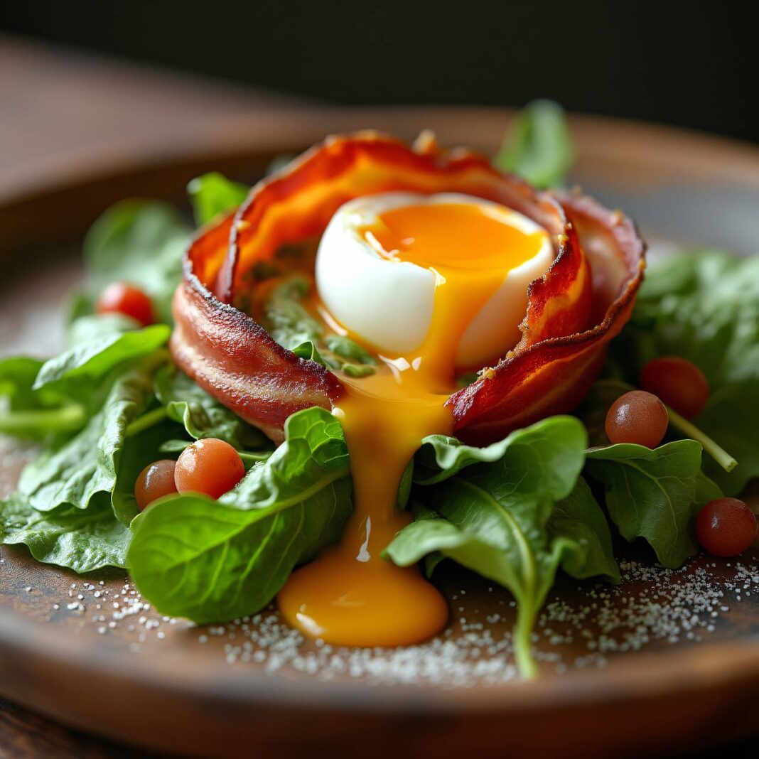 Vogerlsalat mit pochiertem Ei im Speckmantel Rezept Vogerlsalat mit pochiertem Ei im Speckmantel Rezept