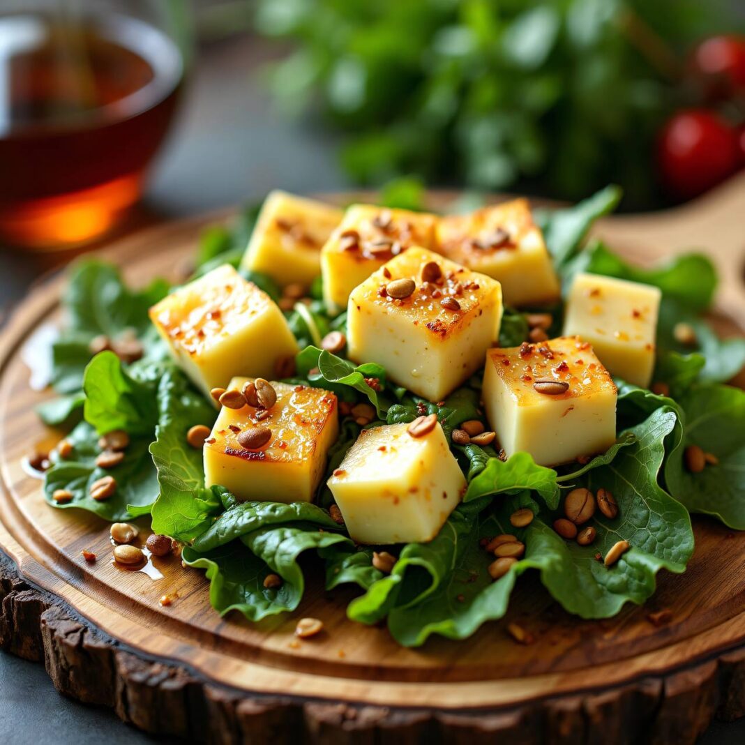 Vogerlsalat mit warmen Käsestückchen und gerösteten Fenchelsamen Rezept Vogerlsalat mit warmen Käsestückchen und gerösteten Fenchelsamen Rezept