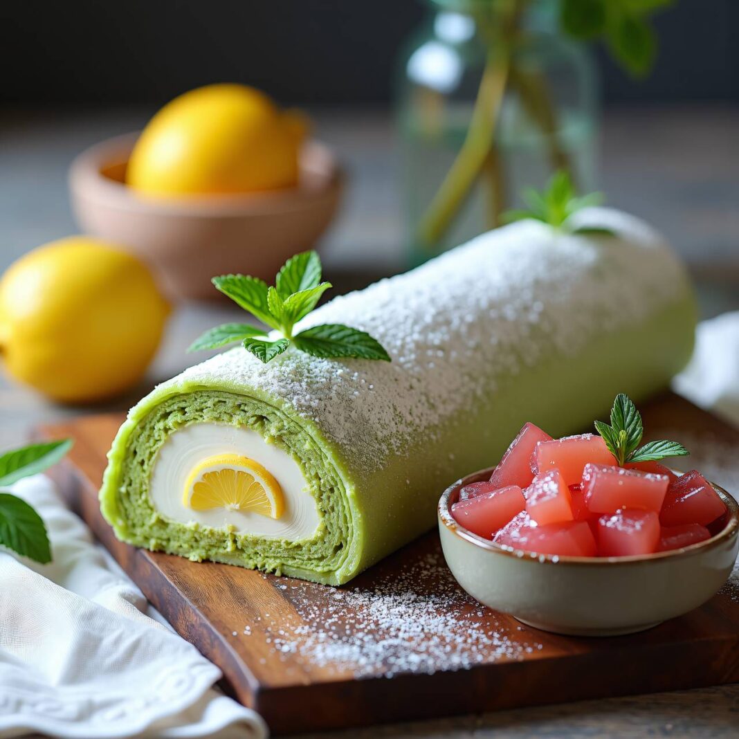 Waldmeister-Roulade mit Rhabarberkompott Rezept Waldmeister-Roulade mit Rhabarberkompott Rezept