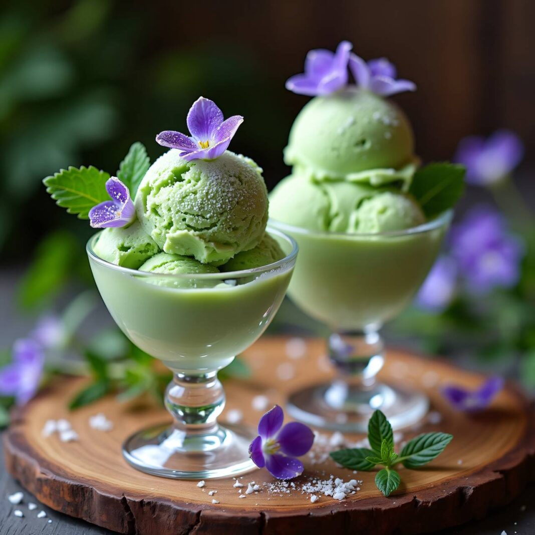 Waldmeistereis mit kandierten Veilchen Rezept Waldmeistereis mit kandierten Veilchen Rezept
