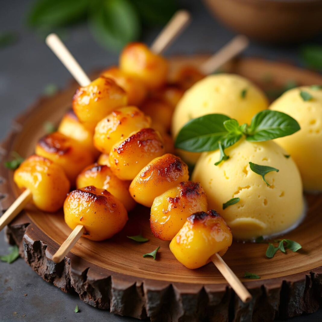 Warme Pfirsich-Spießchen mit Zitronen-Halbgefrorenem Rezept Warme Pfirsich-Spießchen mit Zitronen-Halbgefrorenem Rezept