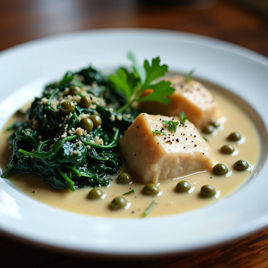 Weißes Kalbsvoressen mit Kapern-Sahnesauce und Spinat Rezept Weißes Kalbsvoressen mit Kapern-Sahnesauce und Spinat Rezept