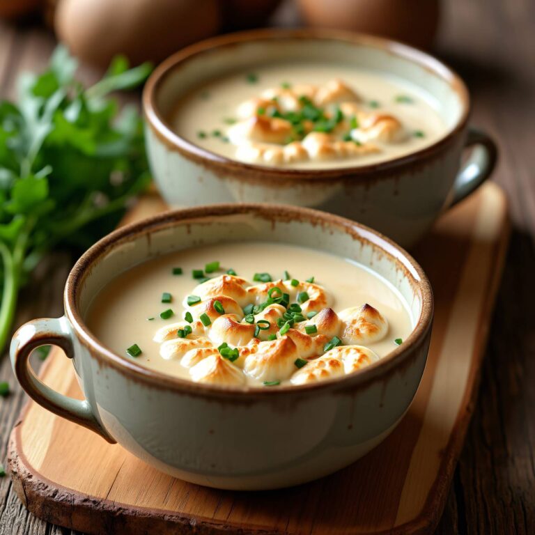 Weisse Champignons-Suppe unter würziger Meringue-Haube Rezept