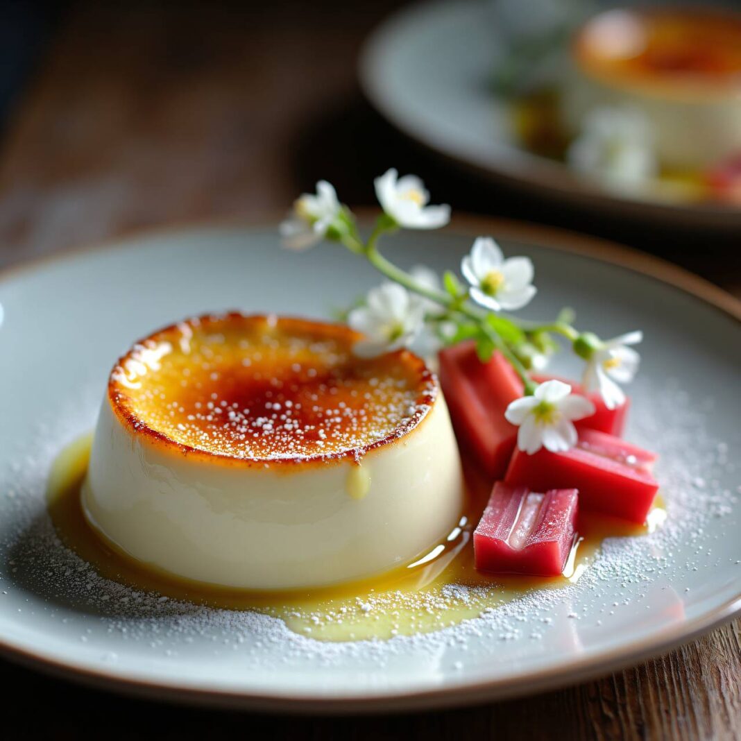 Weisse Crème brûlée mit Holunderblüten und Rhabarber Rezept Weisse Crème brûlée mit Holunderblüten und Rhabarber Rezept
