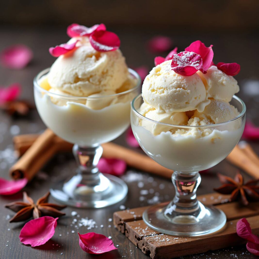 Weisse Lebkuchenglace mit kandierten Rosenblütenblättern Rezept Weisse Lebkuchenglace mit kandierten Rosenblütenblättern Rezept