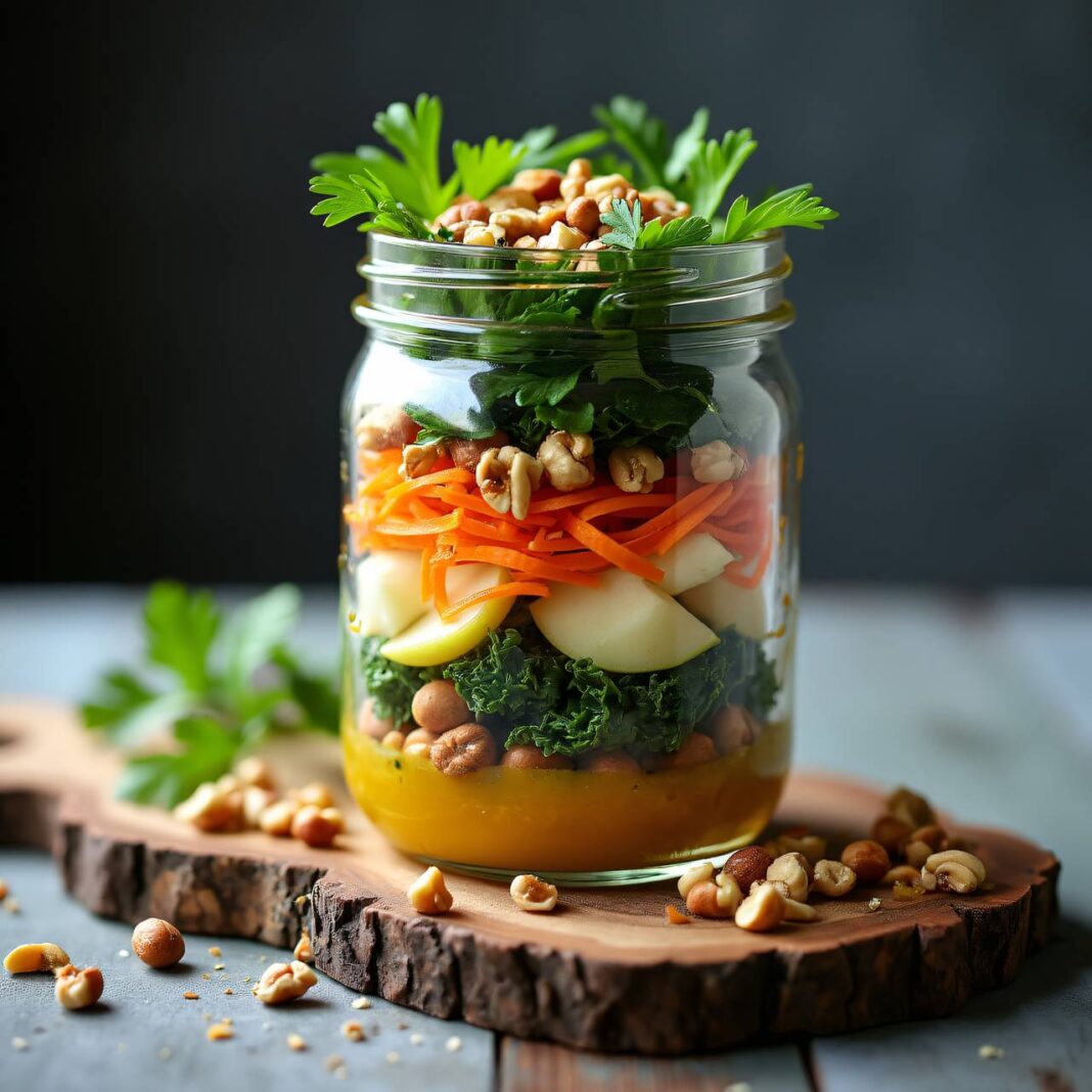 Wintersalat im Glas mit Käse und Honig-Dressing Rezept Wintersalat im Glas mit Käse und Honig-Dressing Rezept