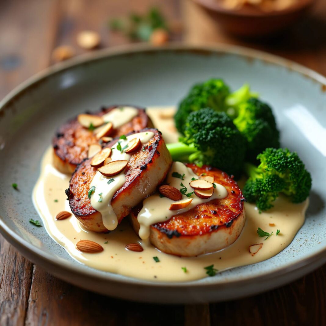 Würziges Kalbsgeschnetzeltes an Mandel-Joghurt-Sauce mit gedämpftem Broccoli Rezept Würziges Kalbsgeschnetzeltes an Mandel-Joghurt-Sauce mit gedämpftem Broccoli Rezept