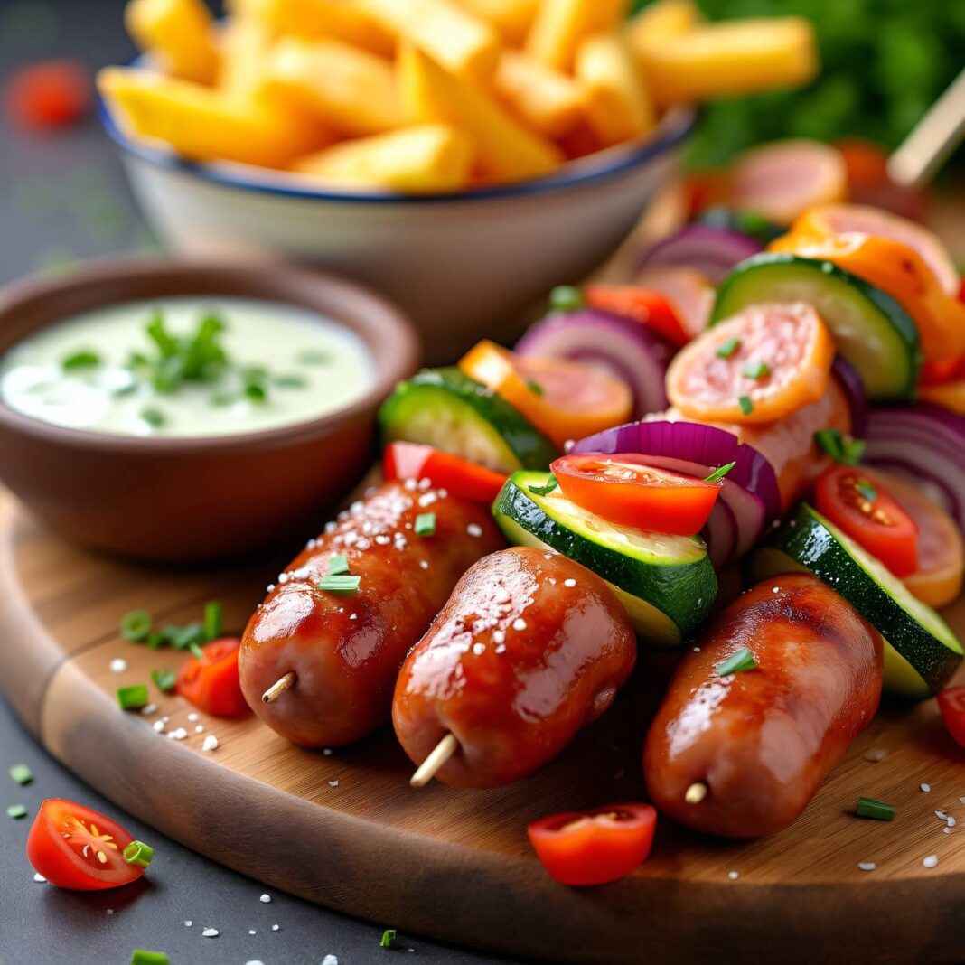 Wurst-Gemüse-Spieße mit Ofenfries und Sauermilchsauce Rezept Wurst-Gemüse-Spieße mit Ofenfries und Sauermilchsauce Rezept