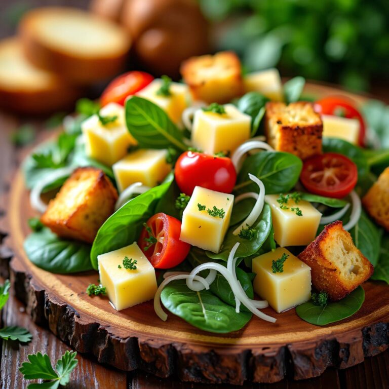 Wurst-Käse-Salat mit Gemüse und Röstbrot Rezept