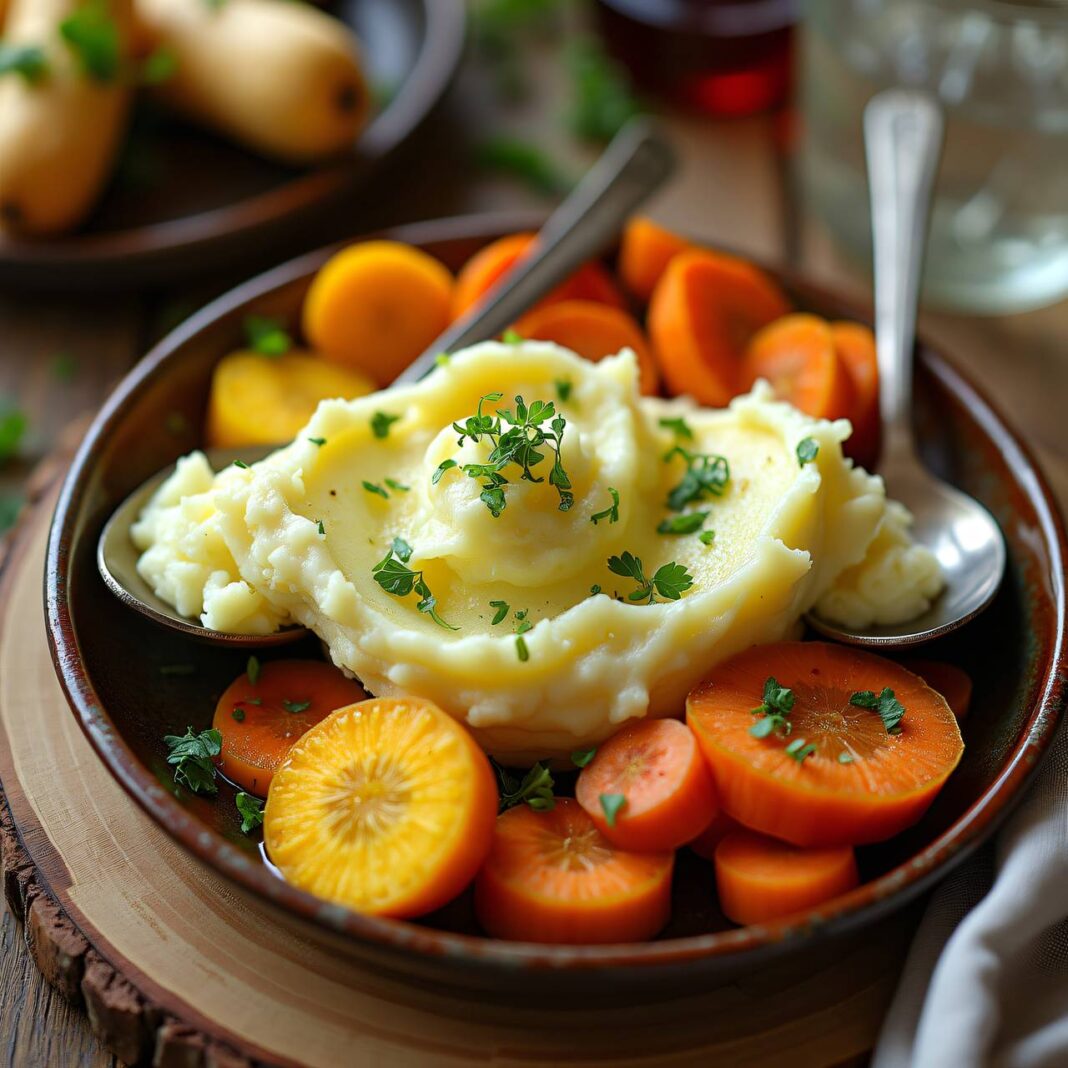 Wurzelgemüse mit Knoblauch-Limetten-Kartoffelpüree Rezept Wurzelgemüse mit Knoblauch-Limetten-Kartoffelpüree Rezept