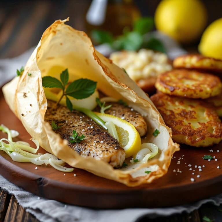 Zanderfilets en papillote mit Kartoffelkuchen Rezept
