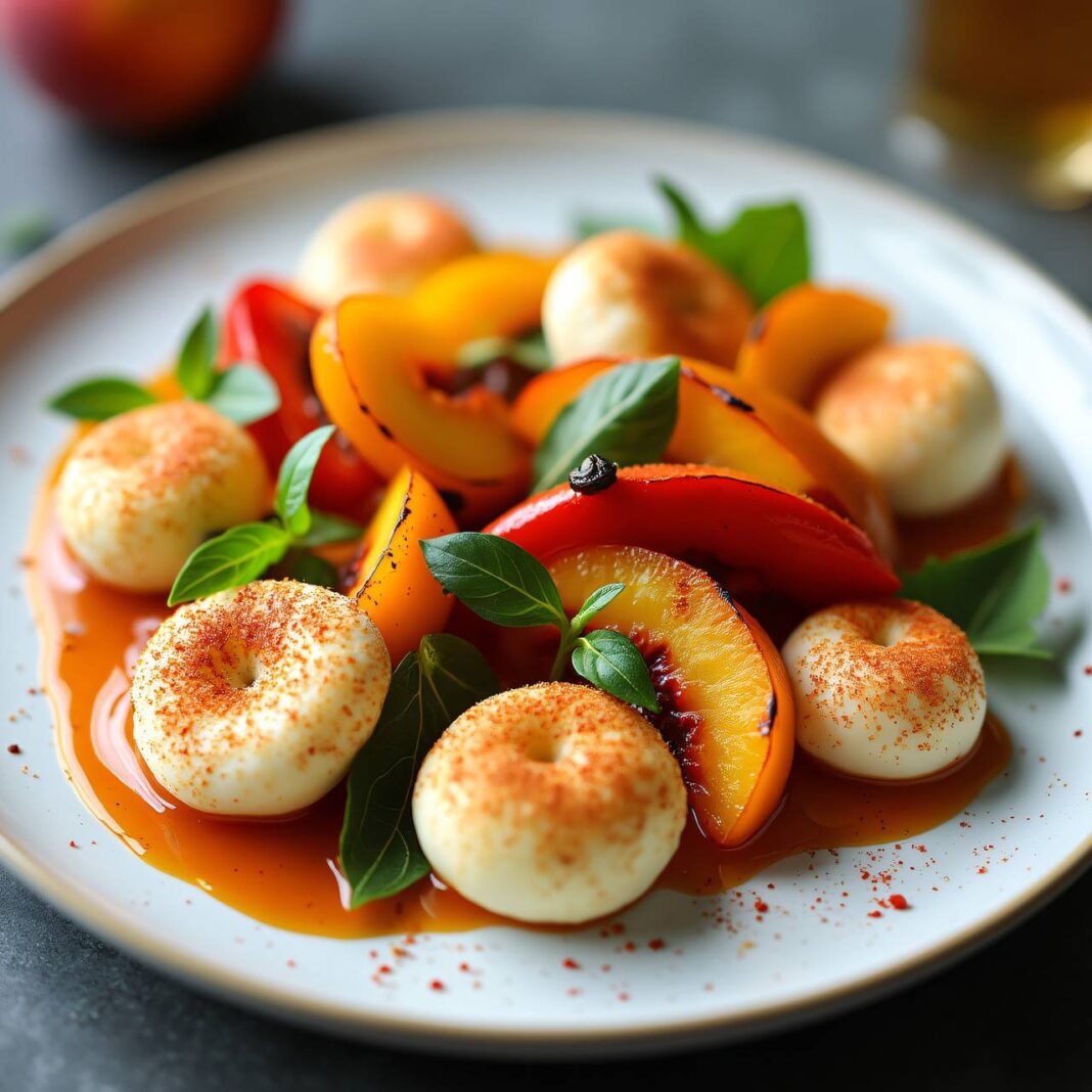 Ziegenkäse-Quenelles mit Paprika-Pfirsich-Salat Rezept Ziegenkäse-Quenelles mit Paprika-Pfirsich-Salat Rezept