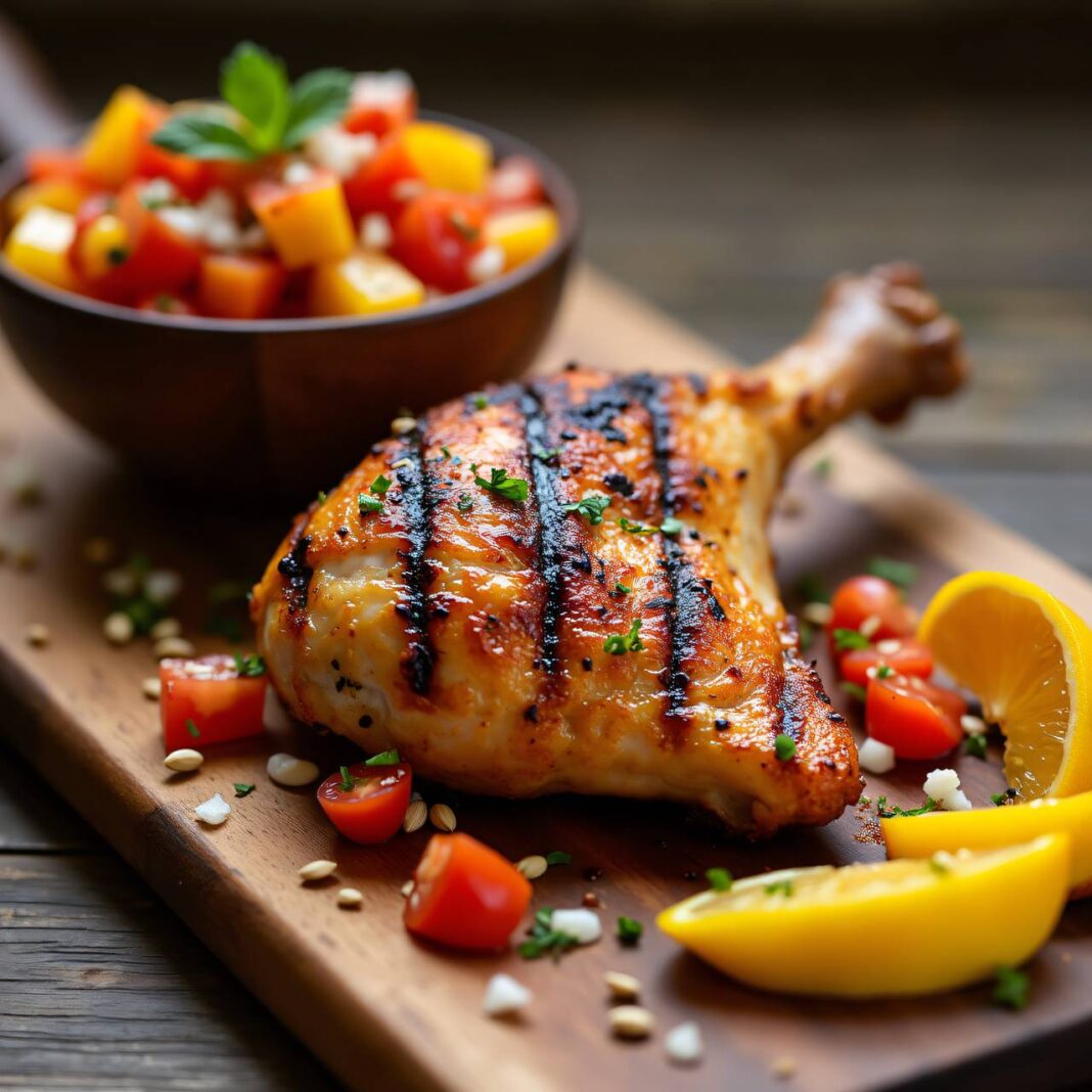 Zitronen-Hühnchen vom Grill mit Tomaten-Pfirsich-Salsa Rezept Zitronen-Hühnchen vom Grill mit Tomaten-Pfirsich-Salsa Rezept