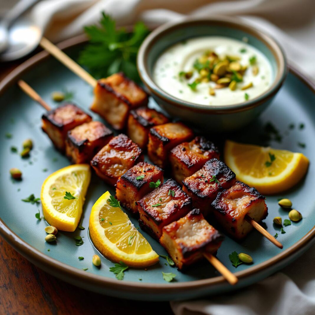 Zitronen-Kalbsspiesse vom Grill mit Pistazien-Crème-fraîche Rezept Zitronen-Kalbsspiesse vom Grill mit Pistazien-Crème-fraîche Rezept