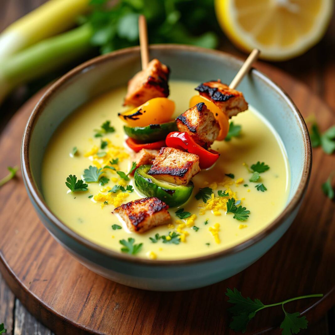 Zitronen-Lauch-Suppe mit Hühnerspießen Rezept Zitronen-Lauch-Suppe mit Hühnerspießen Rezept
