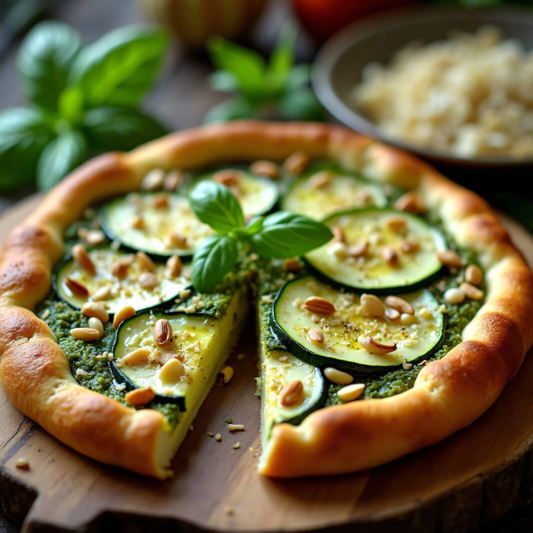 Zucchini-Flammkuchen vegetarisch mit Pesto Rezept Zucchini-Flammkuchen vegetarisch mit Pesto Rezept