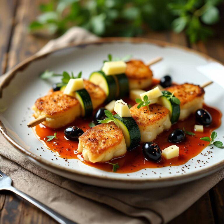 Zucchini-Käse-Kalbsspiesse mit Olivensauce Rezept