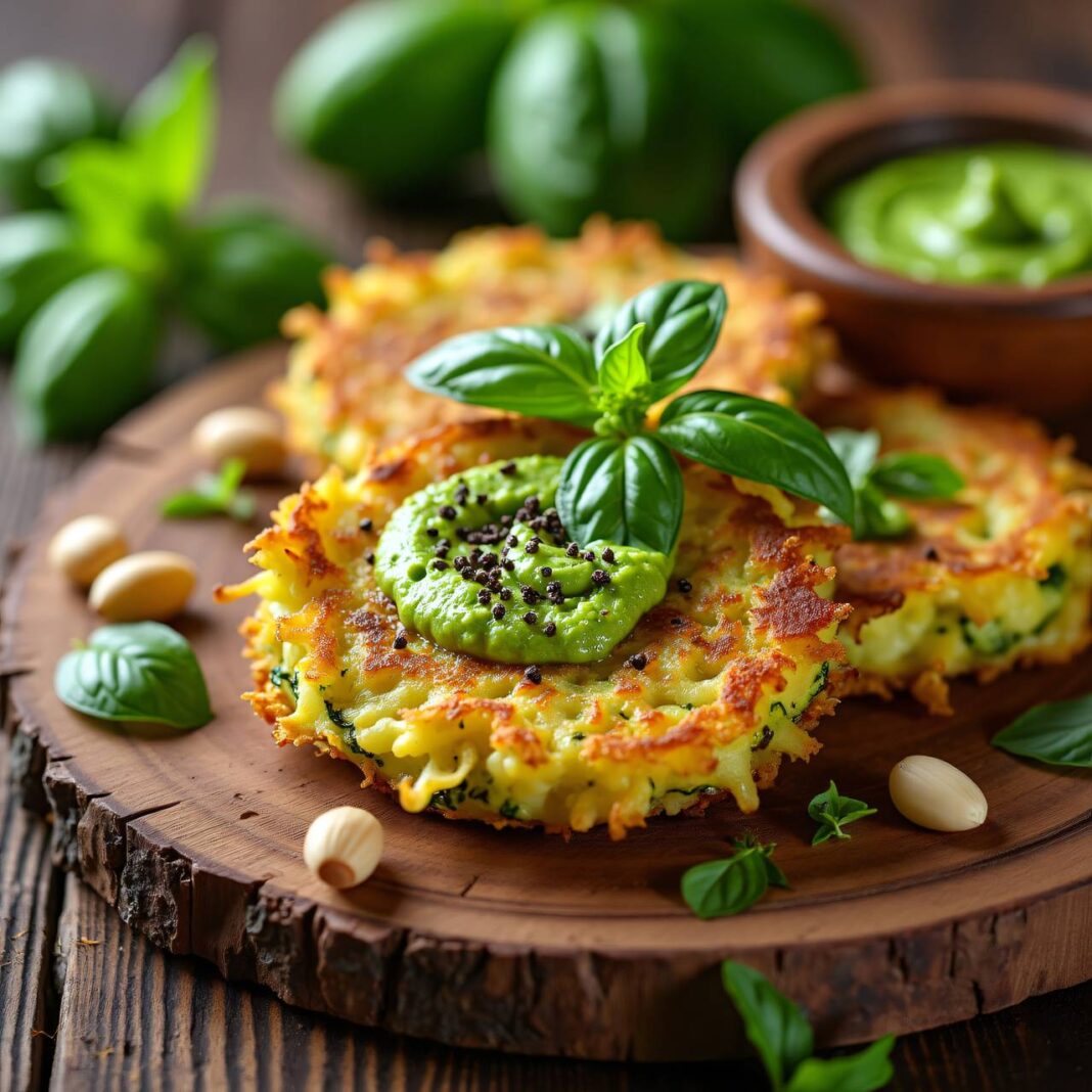 Zucchini-Rohrrösti mit Pesto Rezept Zucchini-Rohrrösti mit Pesto Rezept