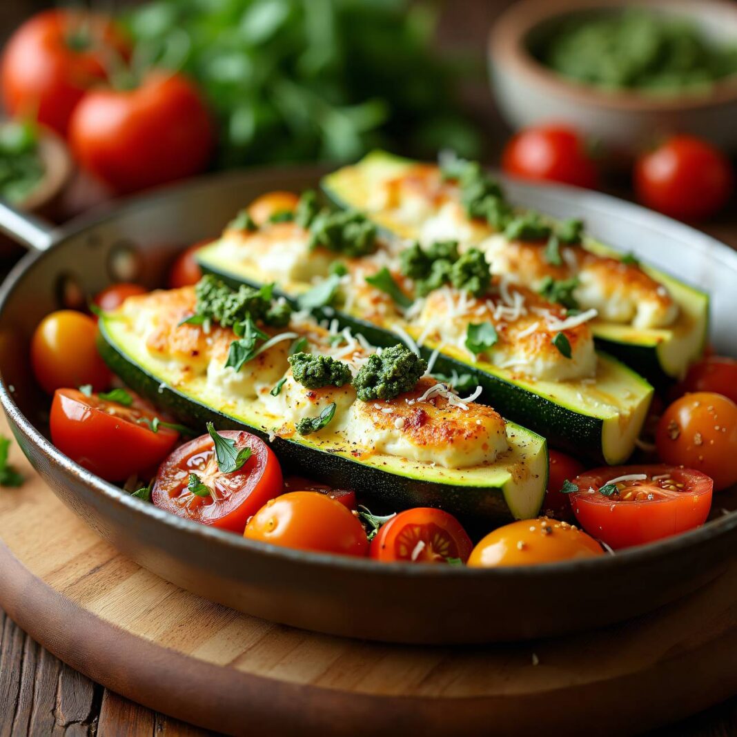 Zucchini-Schiffchen auf süss-scharfen Tomatensauce Rezept Zucchini-Schiffchen auf süss-scharfen Tomatensauce Rezept