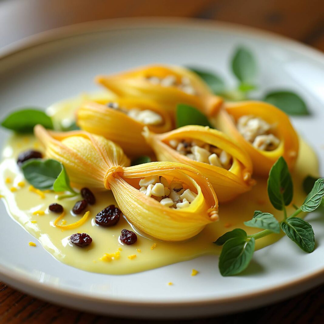 Zucchiniblüten mit Ziegenkäsefüllung in Zitronen-Crème-fraîche Rezept Zucchiniblüten mit Ziegenkäsefüllung in Zitronen-Crème-fraîche Rezept