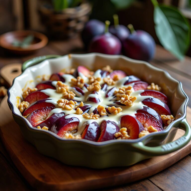 Zwetschgengratin mit weißem Schokoladenguss Rezept