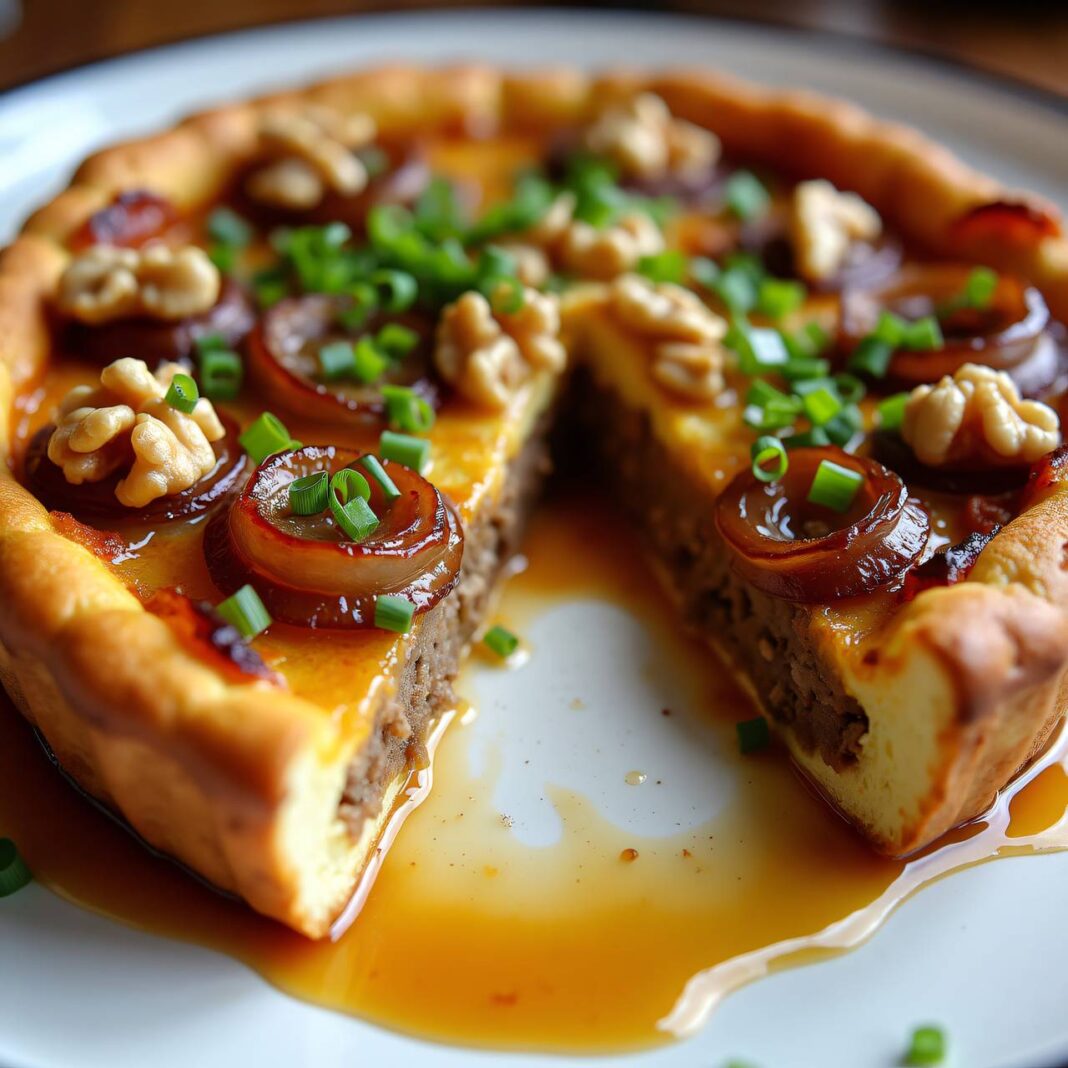 Zwiebel-Flammkuchen mit Baumnüssen und Käse Rezept Zwiebel-Flammkuchen mit Baumnüssen und Käse Rezept