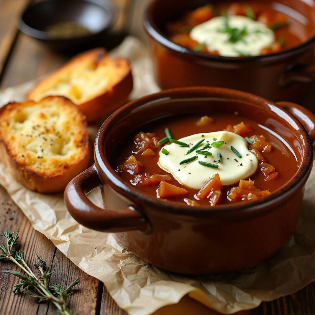 Zwiebelsuppe mit Käse-Tartines Rezept Zwiebelsuppe mit Käse-Tartines Rezept